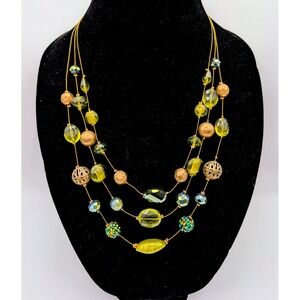 Multi-Strand Beaded Statement Necklace Lime Green Bronze Iridescent 18-21 Inch